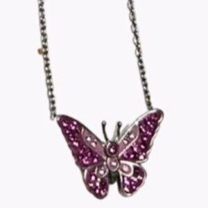 Elegant Pink Gem Butterfly Pendant Necklace Silver Tone Chain Fashion Jewelry